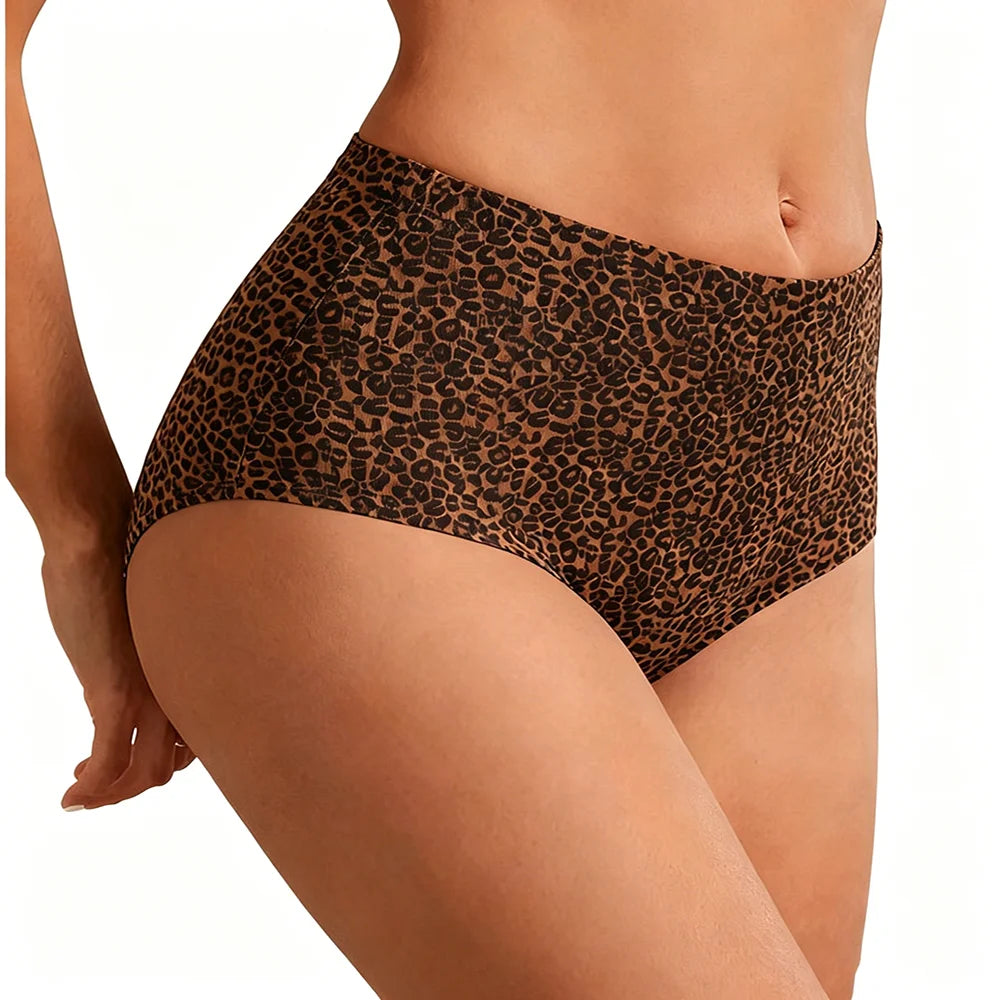 6PCS Women's Seamless Ice Silk Panties Female high Waist Plus Size Leopard Print Underwear Girls Fashion Brief Lady Comfort Panty
