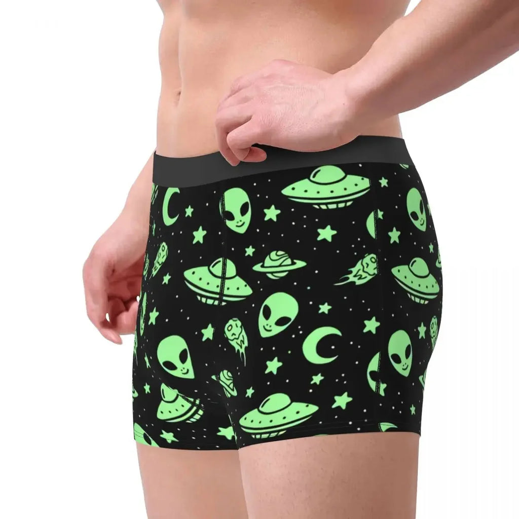 Green Alien UFO Moon Boxers Shorts Men's Briefs Underwear Sexy Underpants